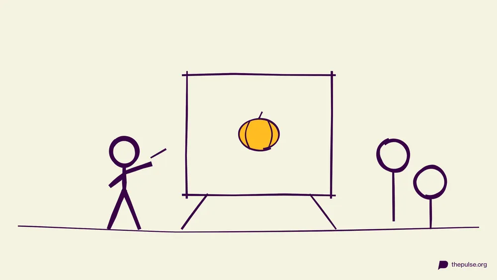 Handgezeichnete Illustration: Gelber Kürbis entsteht auf der Staffelei, das Team rät