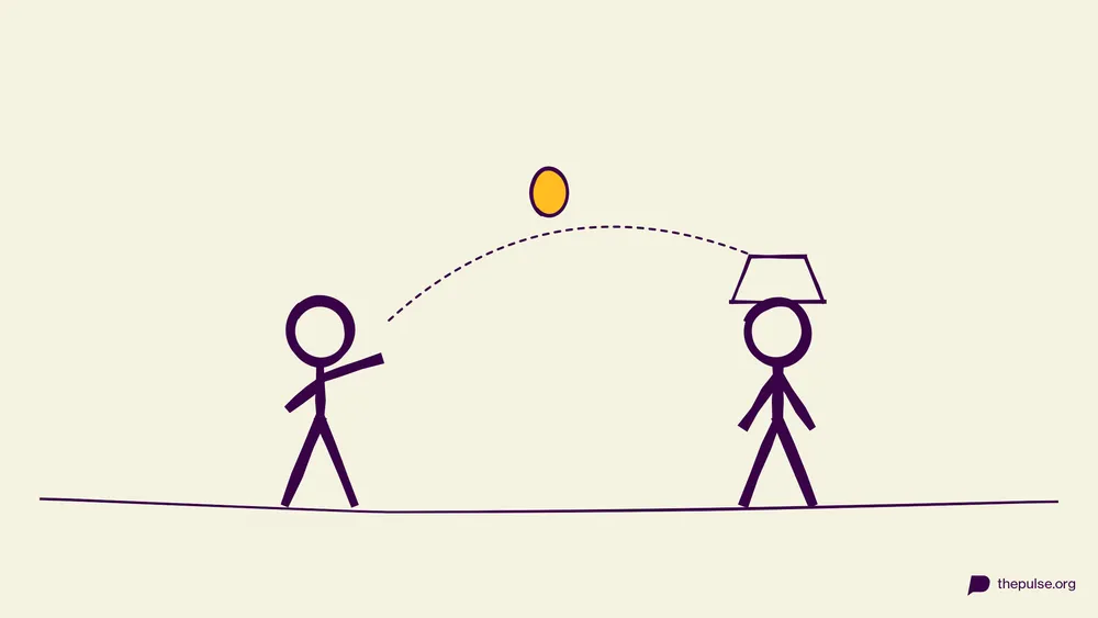 Handgezeichnete Illustration: Gelbes Osterei fliegt in den Korb auf dem Kopf des Partners