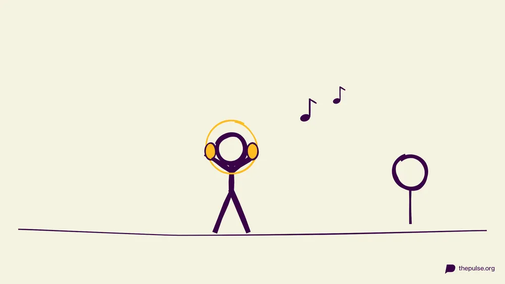 Handgezeichnete Illustration: Figur mit gelben Kopfhörern singt, Mitspieler raten den Titel