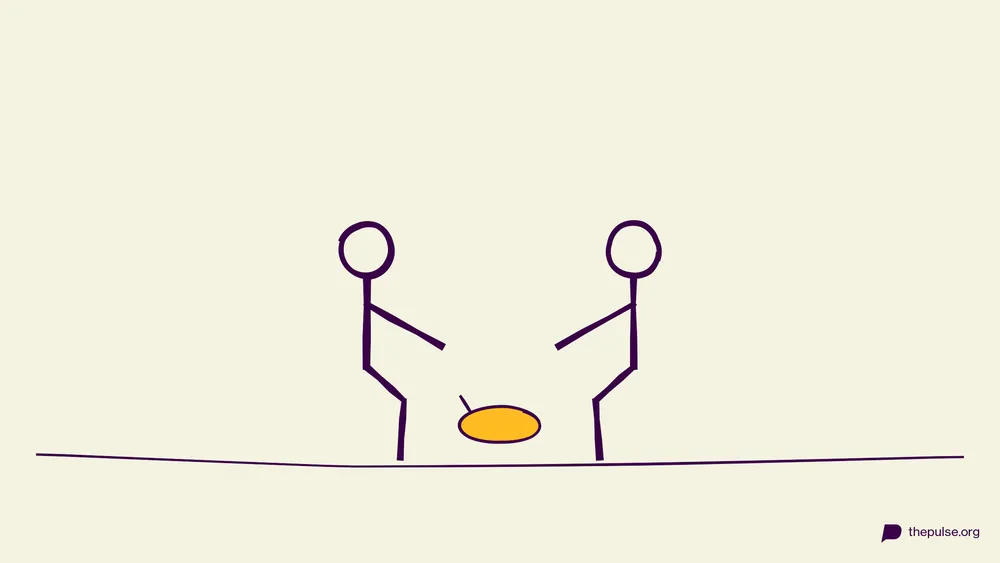 Illustration: Zwei Figuren greifen nach dem gelben Schuh zwischen ihnen
