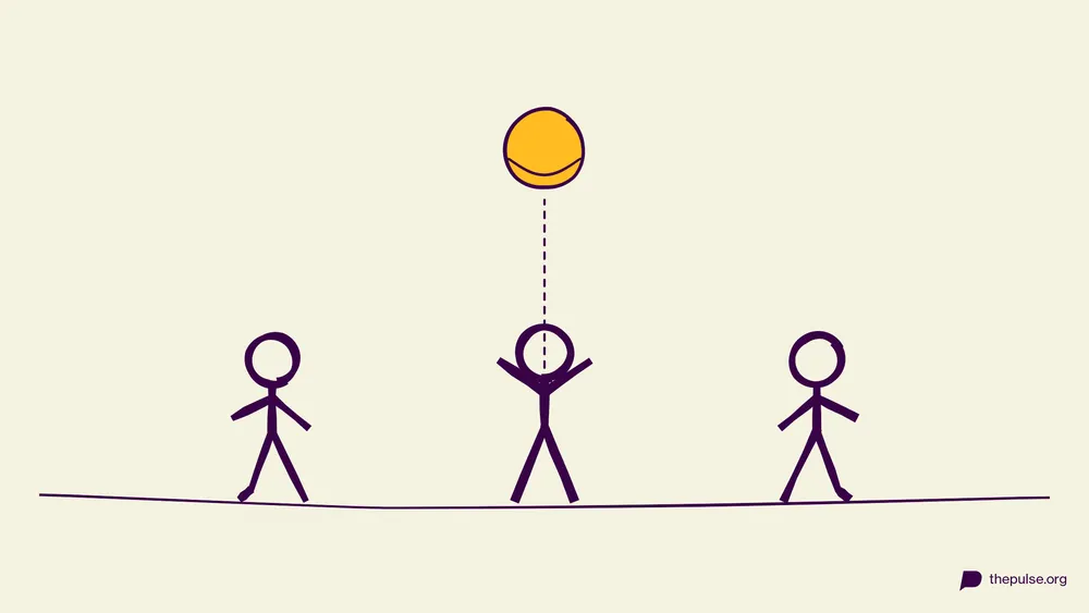 Illustration: Gelber Ball fliegt hoch, alle stieben auseinander