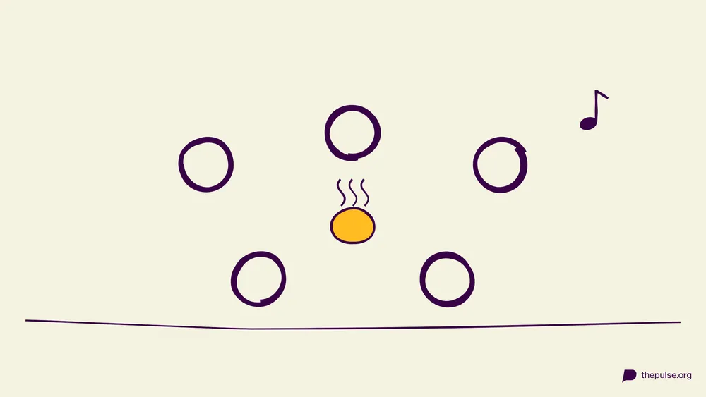 Illustration: Gelbe Kartoffel mit Hitzewellen kreist, Musiknote