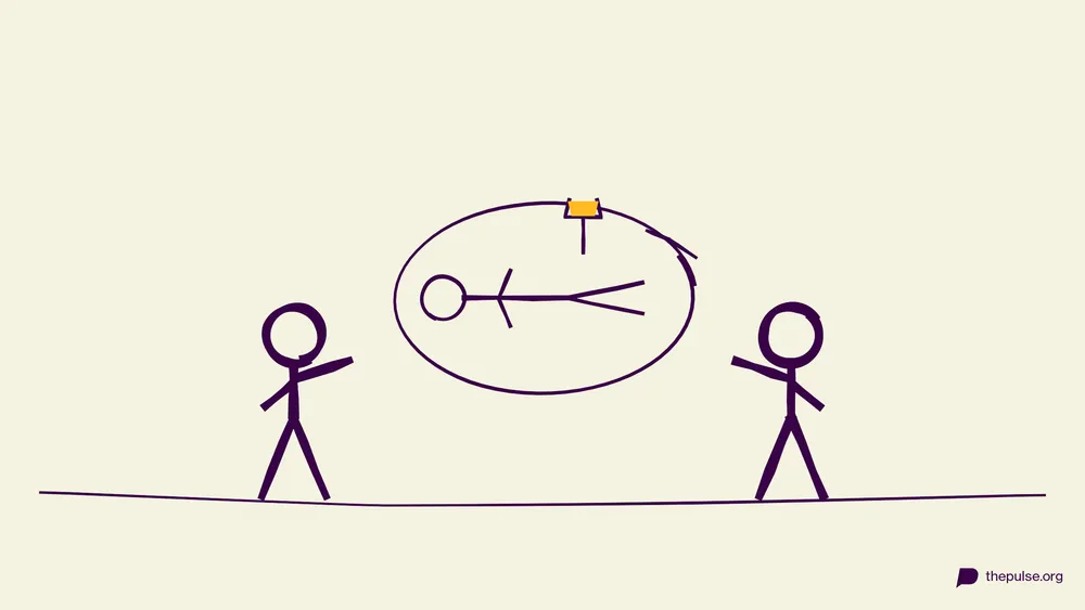 Handgezeichnete Illustration: Figur wird horizontal im Kreis gedreht und hält einen gelben Becher Wasser