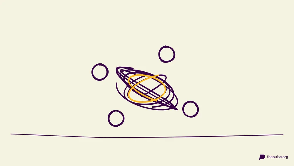 Illustration: Verknotetes Knäuel mit herausschauenden Köpfen und gelber Schlaufe