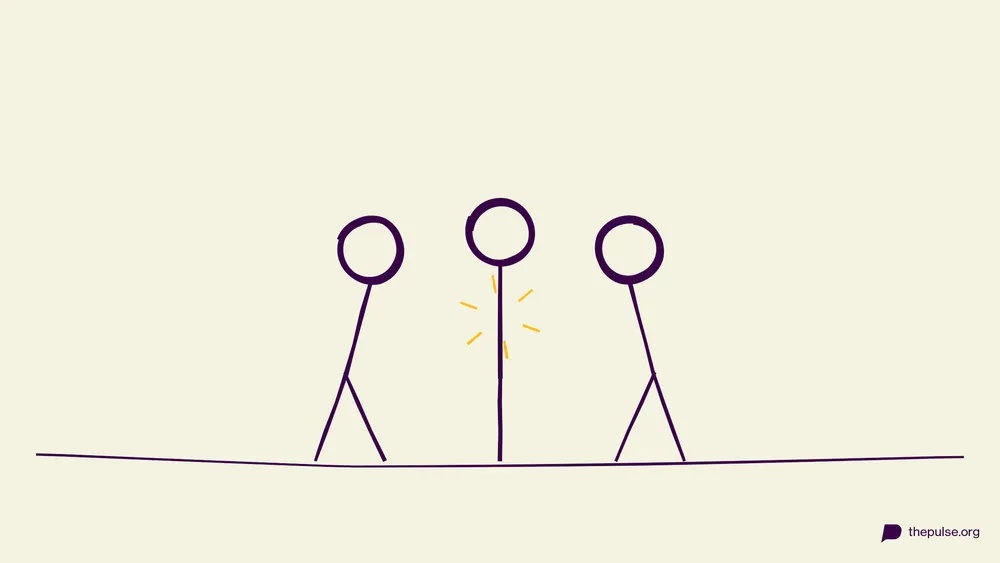 Handgezeichnete Illustration: Drei Personen bauen gemeinsam ein menschliches Dreibein
