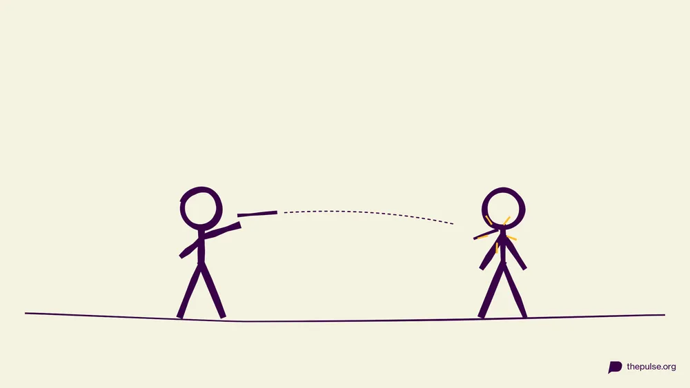 Handgezeichnete Illustration: Der unsichtbare Betäubungspfeil trifft — Hand an den Hals!
