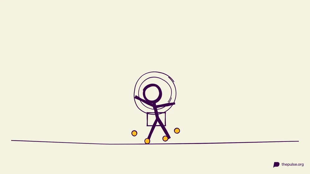 Handgezeichnete Illustration: Wackelnde Figur schüttelt gelbe Glöckchen aus der Box an der Taille