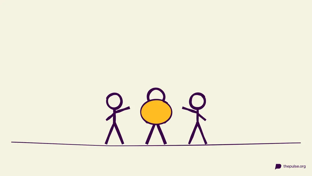 Illustration: Dreiergruppe formt ein Känguru mit gelbem Beutel