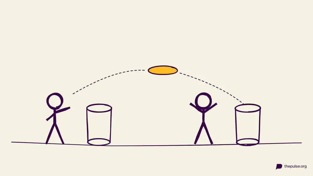 Illustration: Gelbe Frisbee fliegt zwischen zwei Tonnen