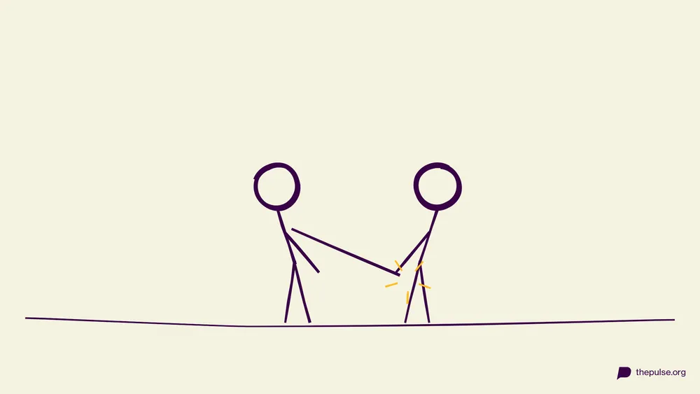 Handgezeichnete Illustration: Hände auf den Knien, ein Arm schnellt blitzschnell vor