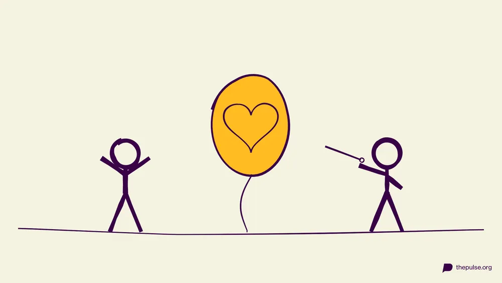 Handgezeichnete Illustration: Der gelbe Like-Ballon — und die Nadel ist schon nah