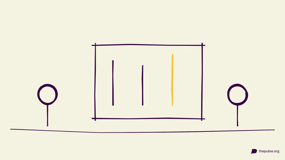 Handgezeichnete Illustration: Drei Linien auf der Tafel, die gelbe weicht ab