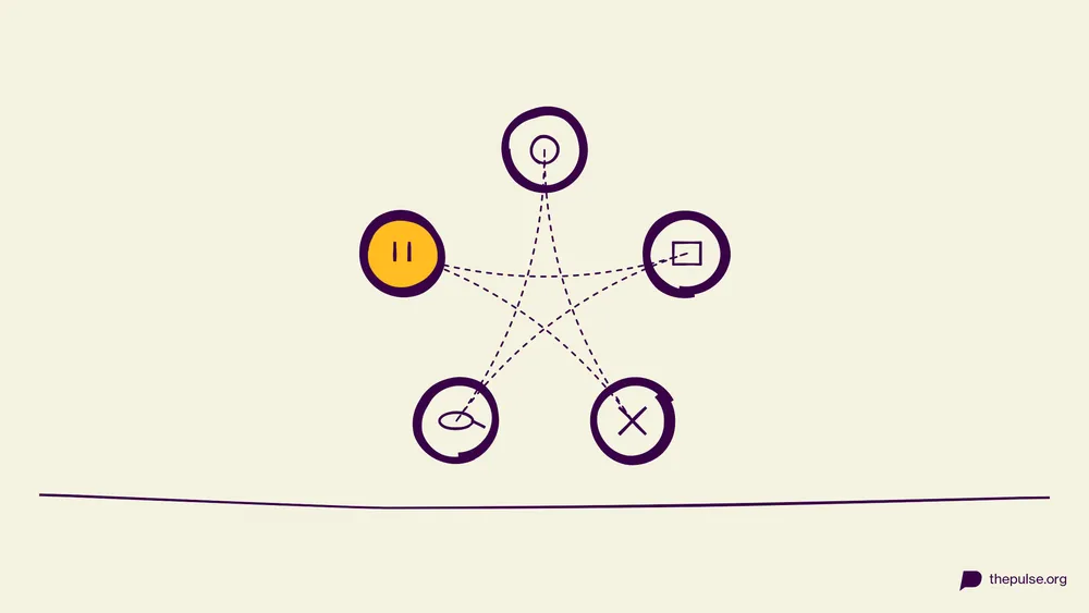 Handgezeichnete Illustration: Fünfeck-Diagramm mit Stein, Papier, Schere, Echse und gelbem Spock
