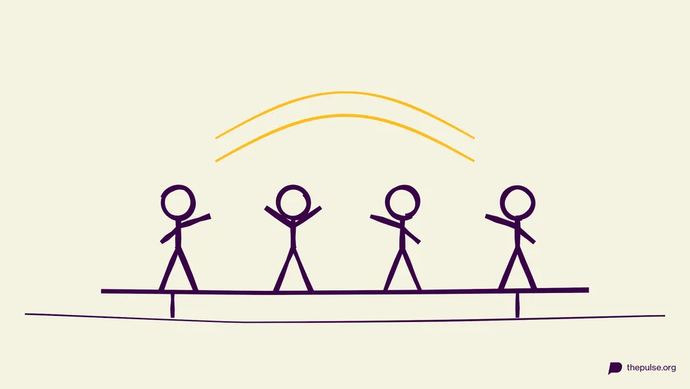 Handgezeichnete Illustration: Vier Figuren balancieren auf einem Baumstamm und tauschen die Plätze