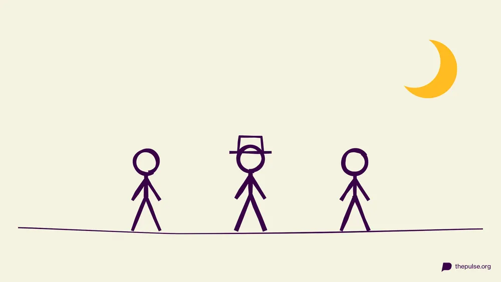 Illustration: Drei Figuren bei Nacht, eine trägt einen Hut