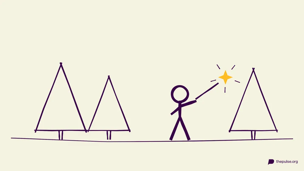 Illustration: Fee mit Zauberstab und gelbem Stern zwischen Tannen