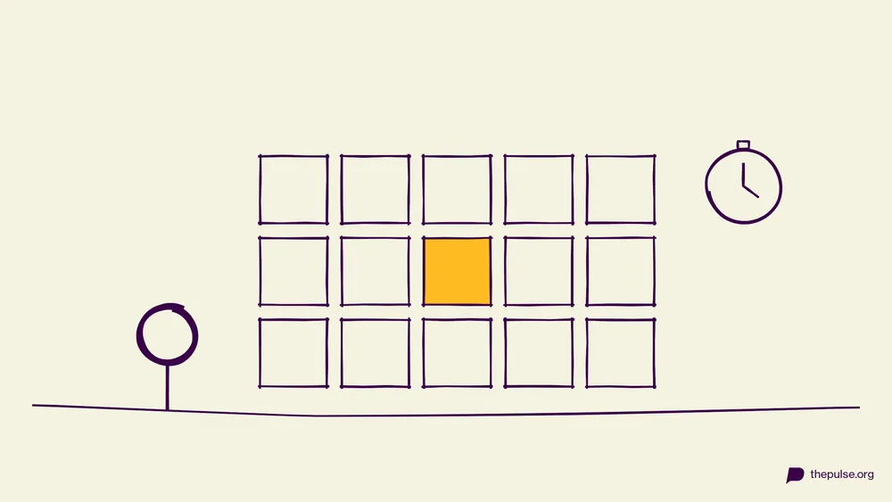 Handgezeichnete Illustration: 15 Karten, 10 Sekunden, eine Stoppuhr — merk dir die gelbe