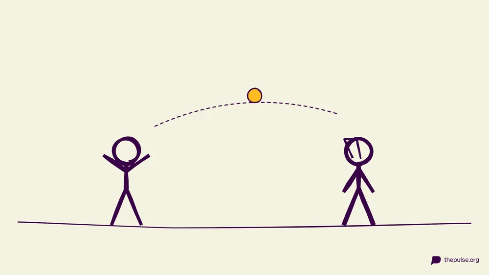 Illustration: Figur wirft ein gelbes Mento in die Eiswaffel des Partners