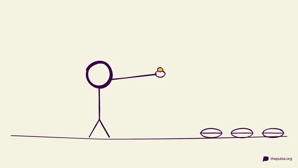 Handgezeichnete Illustration: Löffel im Mund, gelbe Süßigkeit balanciert Richtung Schälchen