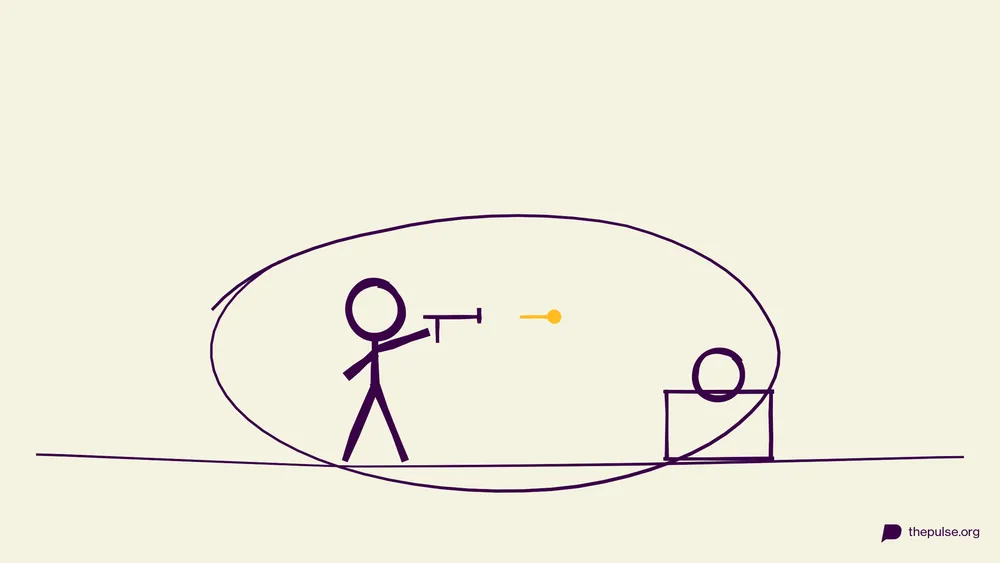 Handgezeichnete Illustration: Battle-Royale-Zone mit Blaster, gelbem Dart und Deckung