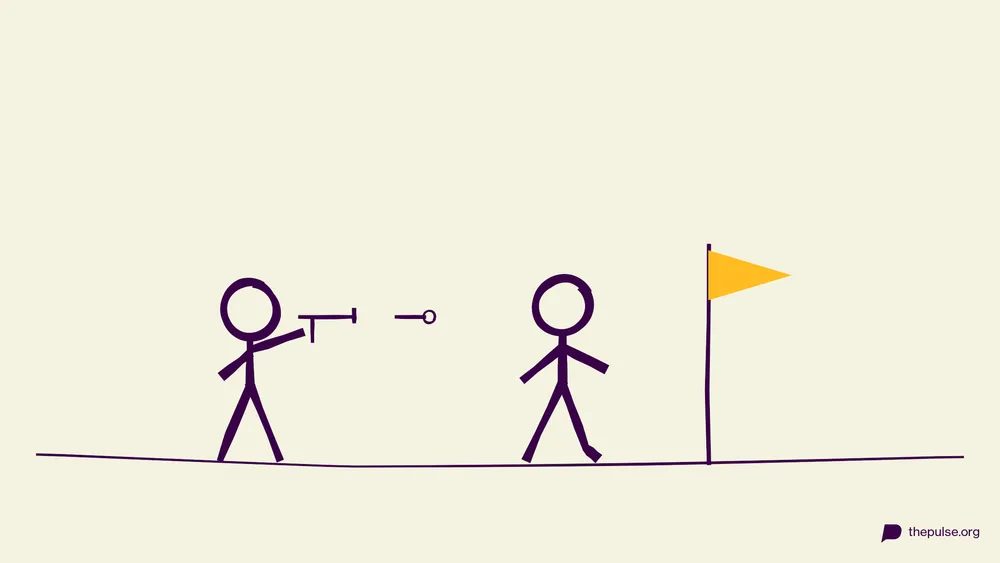 Handgezeichnete Illustration: Läufer schnappt sich die gelbe Flagge im Blaster-Feuer