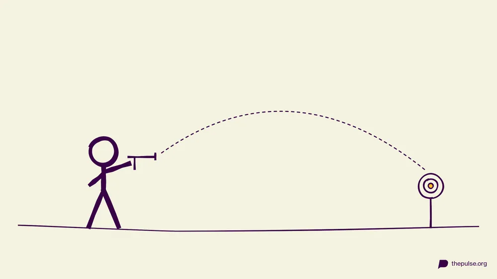 Handgezeichnete Illustration: Der unmögliche Schuss im weiten Bogen aufs gelbe Zielzentrum