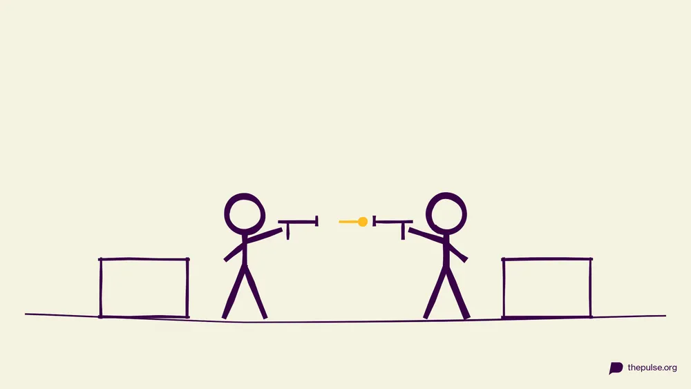 Handgezeichnete Illustration: Zwei Basen, zwei Blaster, gelber Dart in der Mitte