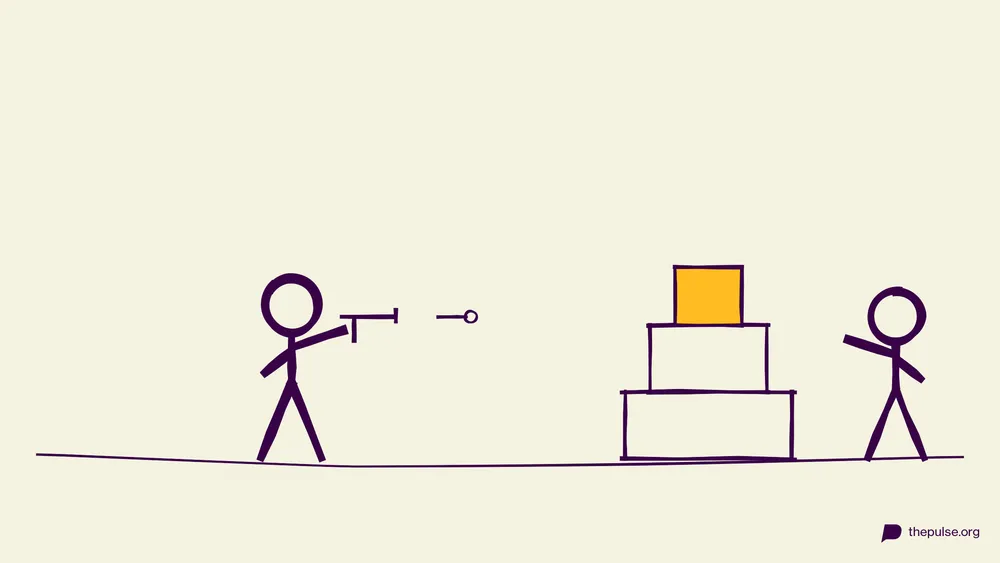 Handgezeichnete Illustration: Angriff auf den Turm mit gelbem Spitzen-Klotz