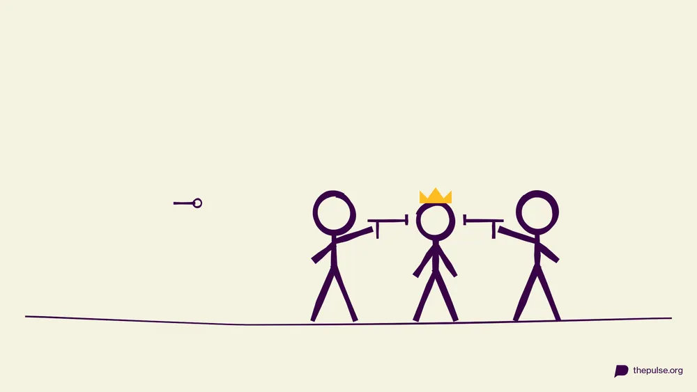 Handgezeichnete Illustration: Der VIP mit gelber Krone wird von seinem Team abgeschirmt