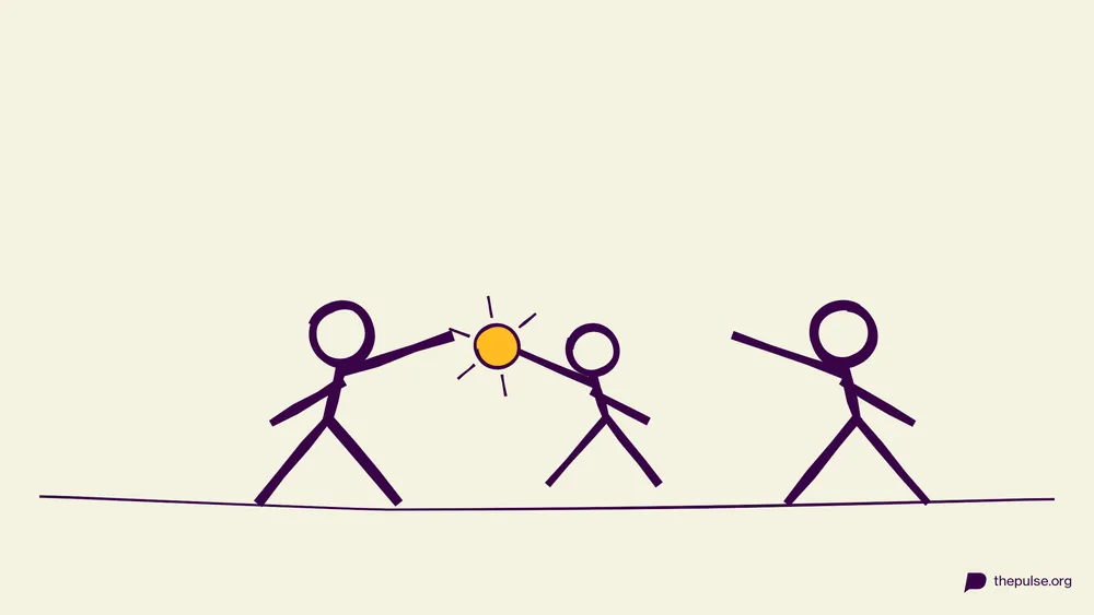 Handgezeichnete Illustration: Drei Figuren in kantigen Ninja-Posen, gelber Treffer an der Hand