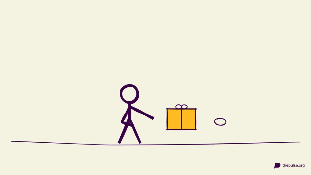 Handgezeichnete Illustration: Geschenk einpacken mit einer Hand hinter dem Rücken