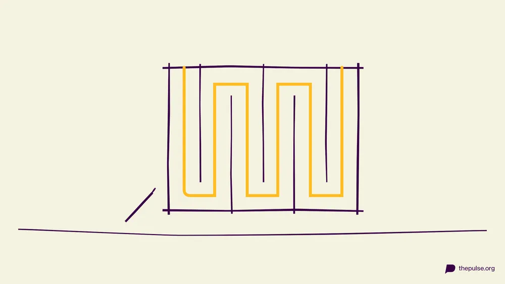Handgezeichnete Illustration: Das Labyrinth mit nur einem gelben Lösungsweg