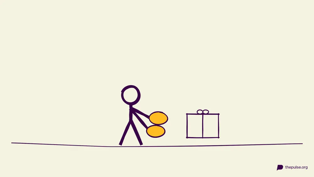 Handgezeichnete Illustration: Mit riesigen gelben Ofenhandschuhen das Geschenk auspacken