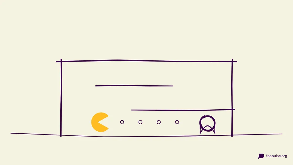 Handgezeichnete Illustration: Gelber Pac-Man im Labyrinth, der Geist wartet schon