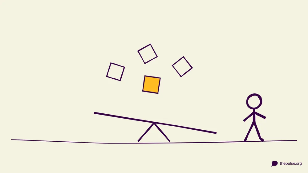 Illustration: Wippe mit fliegenden Holzklötzen, einer gelb