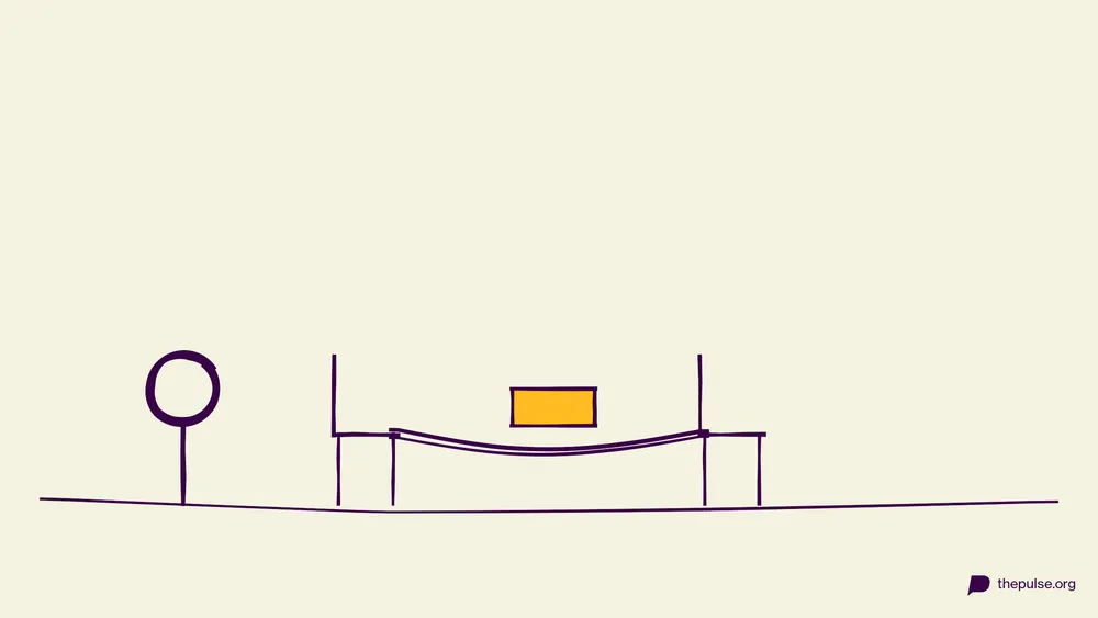 Handgezeichnete Illustration: Die Papierbrücke zwischen zwei Stühlen trägt das gelbe Buch