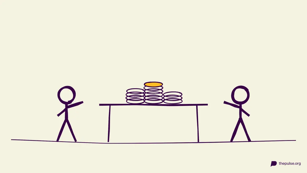 Illustration: Zwei Teams am Tisch mit Pokerchip-Stapeln