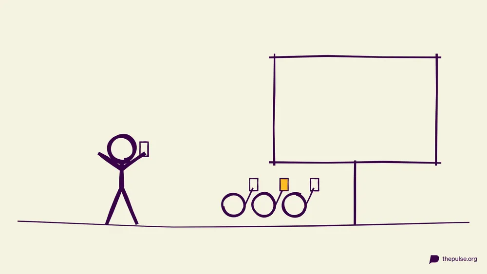Handgezeichnete Illustration: Spielleiter vor Leinwand, Publikum reckt Handys, eines gelb