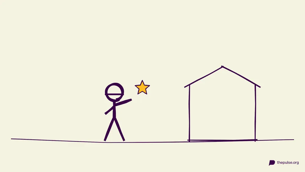 Handgezeichnete Illustration: Figur mit Augenbinde bringt den gelben Stern an der Krippe an