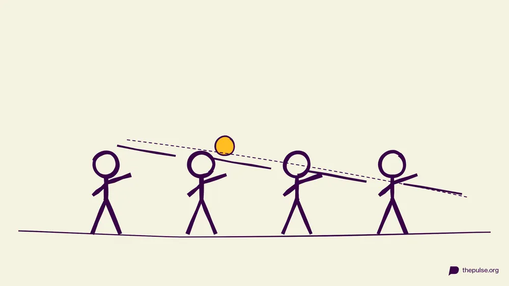 Handgezeichnete Illustration: Team rollt einen gelben Ball durch eine Kette aus Rinnen-Stücken