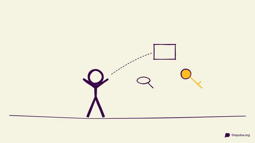 Illustration: Figur zieht Fundstücke aus der Tasche, gelber Schlüssel
