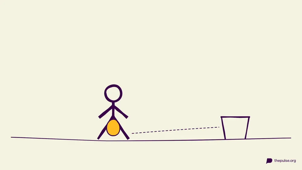 Illustration: Figur watschelt mit Kartoffel zwischen den Knien zum Eimer
