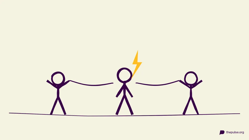 Illustration: Figuren ziehen sich Richtung Strommast mit gelbem Blitz