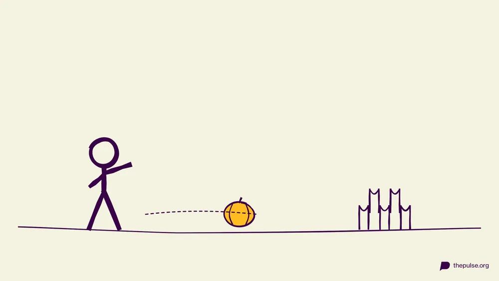 Handgezeichnete Illustration: Kürbis-Bowling — der gelbe Kürbis rollt auf die Flaschen zu