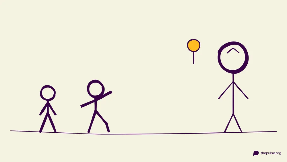 Handgezeichnete Illustration: Die Riesen-Puppe dreht sich um, die gelbe Ampel steht — alle erstarren