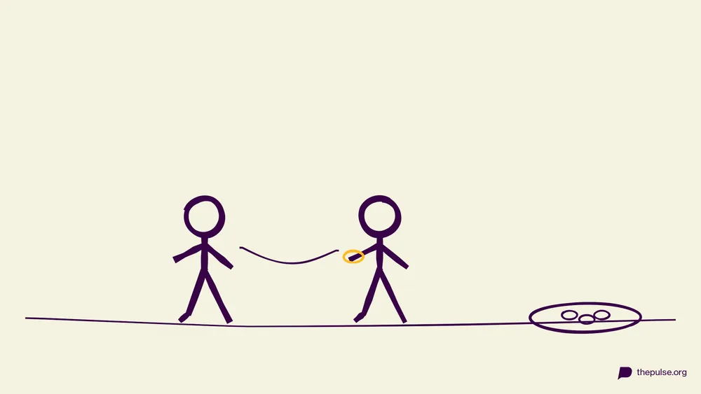Handgezeichnete Illustration: Verfolgungsjagd um ein gelbes Farbbändchen am Handgelenk