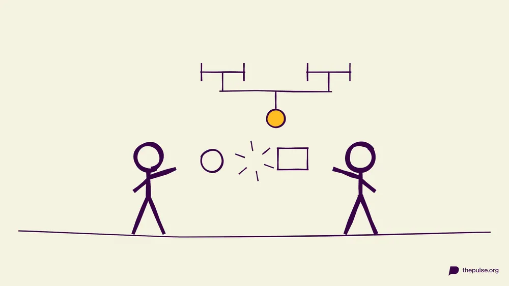Handgezeichnete Illustration: Schere-Stein-Papier-Duell mit Turnierbaum und gelbem Finale