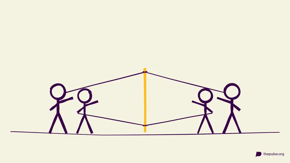 Handgezeichnete Illustration: Team hält einen gelben Pfosten nur mit gespannten Seilen aufrecht