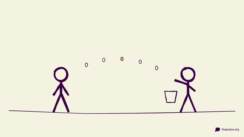 Handgezeichnete Illustration: Kürbiskerne fliegen im Bogen zum Partner mit dem Eimer