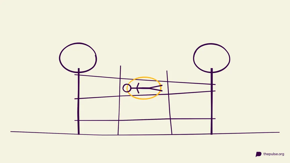 Handgezeichnete Illustration: Figur wird durch eine gelb markierte Lücke im Seil-Spinnennetz gehoben